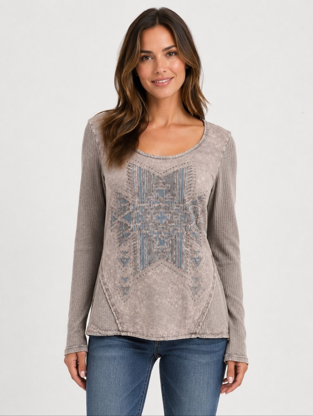 Daytrip Taupe Mineral Wash Southwestern Studded Long Sleeve Top L